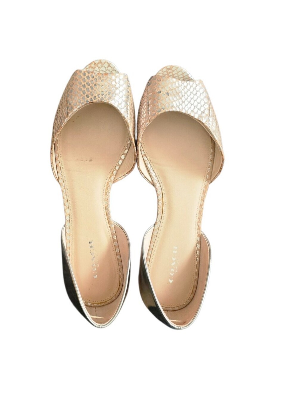 Coach Metallic Gold Snakeskin Peep-Toe Flats Size 9.5 - Picture 3 of 7